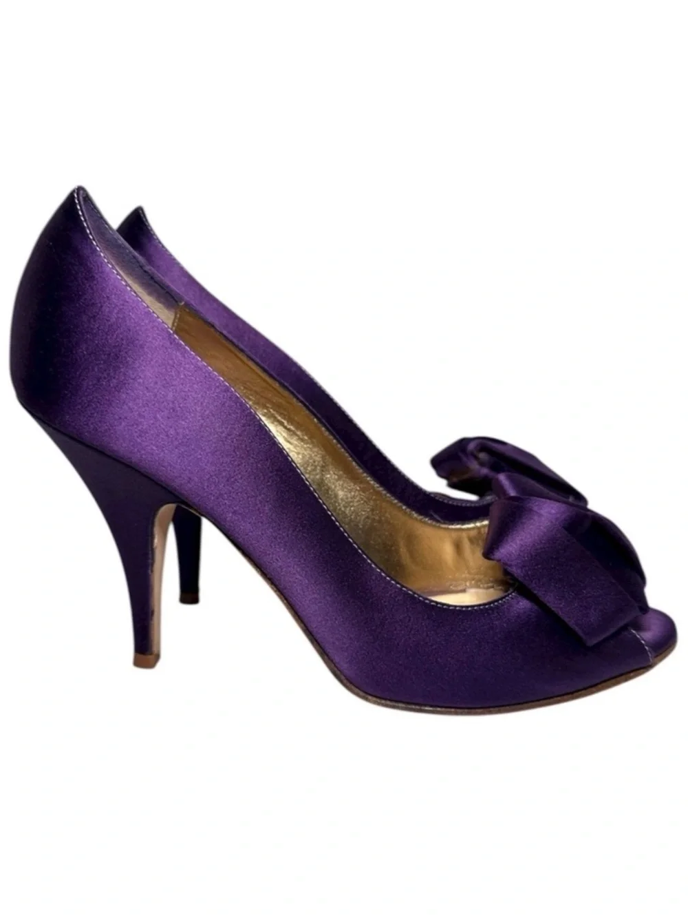 Kate Spade Women’s Purple Satin Peep Toe High Heels with Bow Accent- Size 6.5